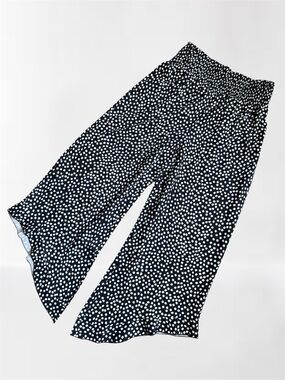 Black White Polka Dot Smocked Waist Wide Leg Pants L NWT
